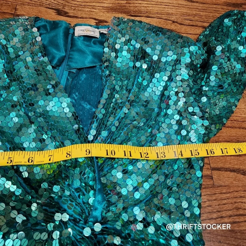 Vintage 80s Oleg Cassini Sequin Teal Dress - Picture 6 of 8